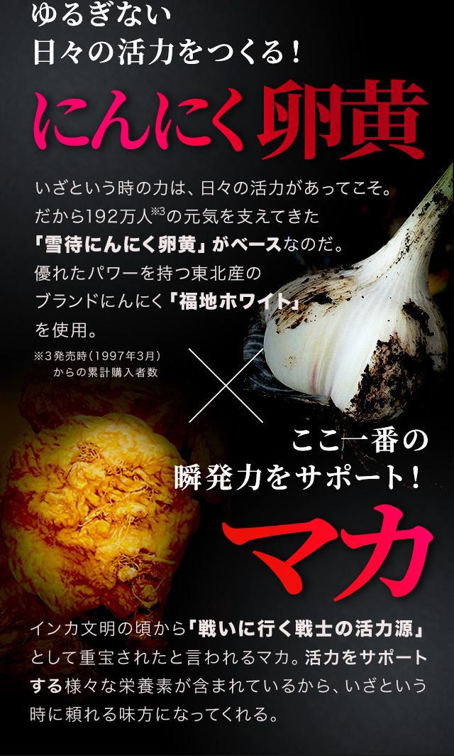 ゆるぎない日々の活力をつくる！にんにく卵黄 ×ここ一番の瞬発力をサポート！マカ にんにく卵黄 いざという時の力は、日々の活力があってこそ。だから192万人※3の元気を支えてきた「雪待にんにく卵黄」がベースなのだ。優れたパワーを持つ東北産のブランドにんにく「福地ホワイト」を使用。インカ文明の頃から「戦いに行く戦士の活力源」として重宝されたマカ。活力をサポートする様々な栄養素が含まれているから、いざという時に頼れる味方になってくれる。※3　発売時（1997年3月）からの累計購入者数