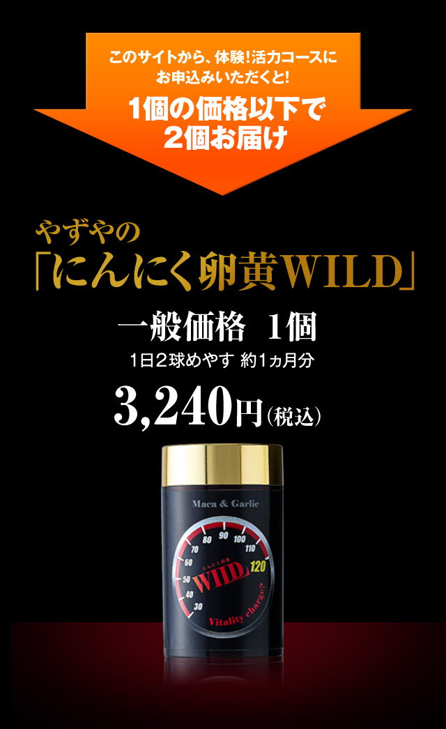このサイトから、体験！活力コースにお申込みいただくと! 1個の価格以下で2個お届け やずやの「にんにく卵黄WILD」一般価格 1個1日2球めやす 1ヵ月分3,240円（税込）