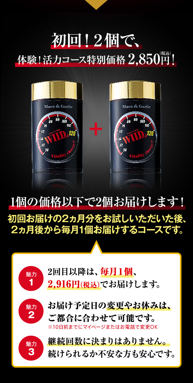 初回！2個で、体験！活力コース特別価格2,850円（税込） 1個の価格以下で2個お届けします！初回お届けの2カ月分をお試しいただいた後、2カ月後から毎月1個お届けするコースです。 魅力1 2回目以降は、毎月1個2,916円（税込）でお届けします。※1個 魅力2 お届け予定日の変更やお休みは、いつでもできます。魅力3 継続回数に決まりはありません。続けられるか不安な方も安心です。
