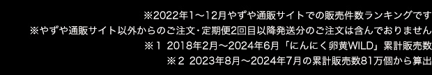 ※2022年1〜12月やずや通販サイトでの販売件数ランキングです ※やずや通販サイト以外からのご注文・定期便2回目以降発送分のご注文は含んでおりません ※1 2018年2月～2024年6月「にんにく卵黄WILD」累計販売数 ※2 2023年8月～2024年7月の累計販売数81万個から算出