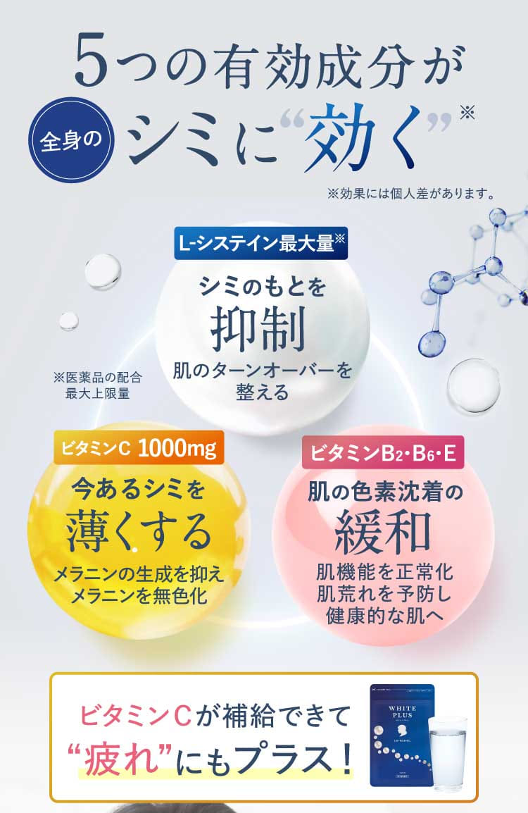 5つの有効成分が全身のシミに”効く”