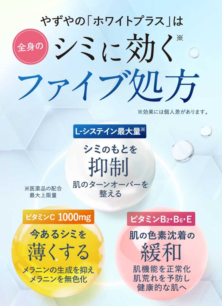やずやの「ホワイトプラス」は全身のシミに効くファイブ処方