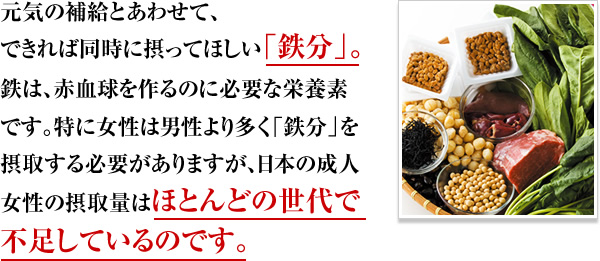 元気の補給とあわせて、できれば同時に摂ってほしい「鉄分」。