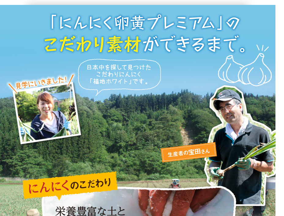 in青森県田子町「にんにく卵黄プレミアム」のこだわり素材ができるまで。見学にいきました！日本中を探して見つけたこだわりにんにく「福地ホワイト六片」です。生産者の田沼さんにんにくのこだわり