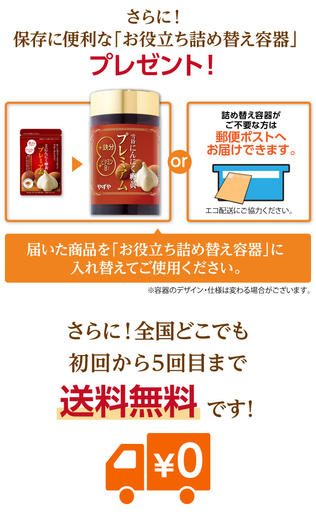 さらに！保存に便利な詰め替え容器プレゼント！届いた商品を詰め替え容器に入れてご利用いただけます。or詰め替え容器がご不要な方は郵便ポストへお届けできます。さらに！全国どこでも初回から5回目まで送料無料です！