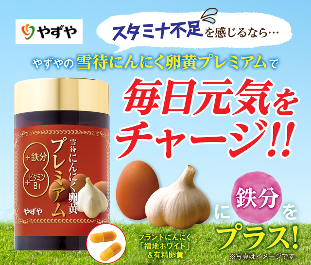 スタミナ不足 を感じるなら… やずやの雪待にんにく卵黄プレミアムで 毎日元気をチャージ！！