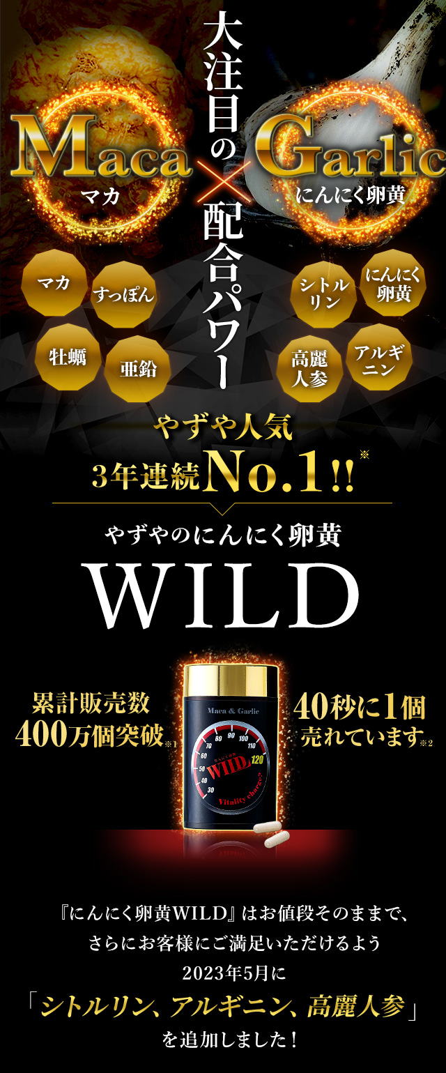 大注目の配合パワー Maca(マカ)× Garlic(にんにく卵黄)やずや人気No.1!! やずやのにんにく卵黄 WILD にんにく卵黄 マカ すっぽん 牡蠣 亜鉛 シトルリン アルギニン 高麗人参 累計販売数400万個突破※1 40秒に1個売れています※2 『にんにく卵黄WILD』はお値段そのままで、さらにお客様にご満足いただけるよう2023年5月に「シトルリン、アルギニン、高麗人参」を追加しました!