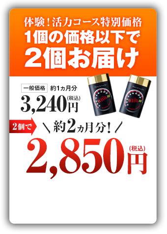 体験！活力コース特別価格 1個の価格以下で2個お届け 一般価格約1ヵ月分3,240円（税込） 2個セットで約2ヵ月分！2,850円（税込） お申込みに進む