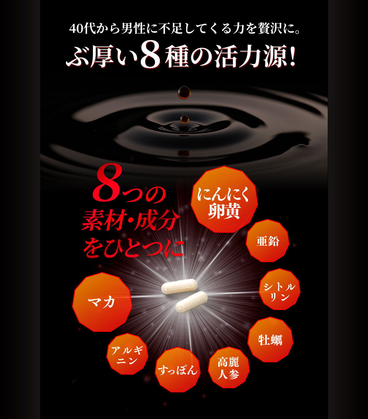40代から男性に不足してくる力を贅沢に。ぶ厚い8種の活力源！8つの成分・素材をひとつに にんにく卵黄 亜鉛 牡蠣 すっぽん マカ シトルリン アルギニン 高麗人参