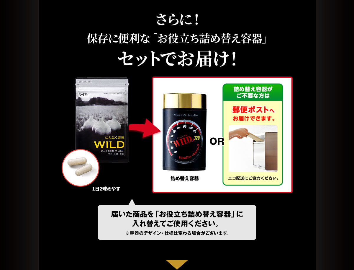 さらに！保存に便利な「お役立ち詰め替え容器」セットでお届け！ 届いた商品を「お役立ち詰め替え容器」に入れ替えてご使用ください。 詰め替え容器 or 詰め替え容器がご不要な方は郵便ポストへお届けできます。エコ配送にご協力ください※容器のデザイン・仕様は変わる場合がございます。※1本品は、栄養素を摂取する健康食品です。