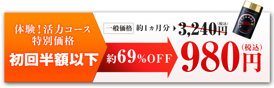 体験！活力コース特別価格 初回半額 一般価格約1ヵ月分3,240円（税込）約69%OFF 980円（税込）