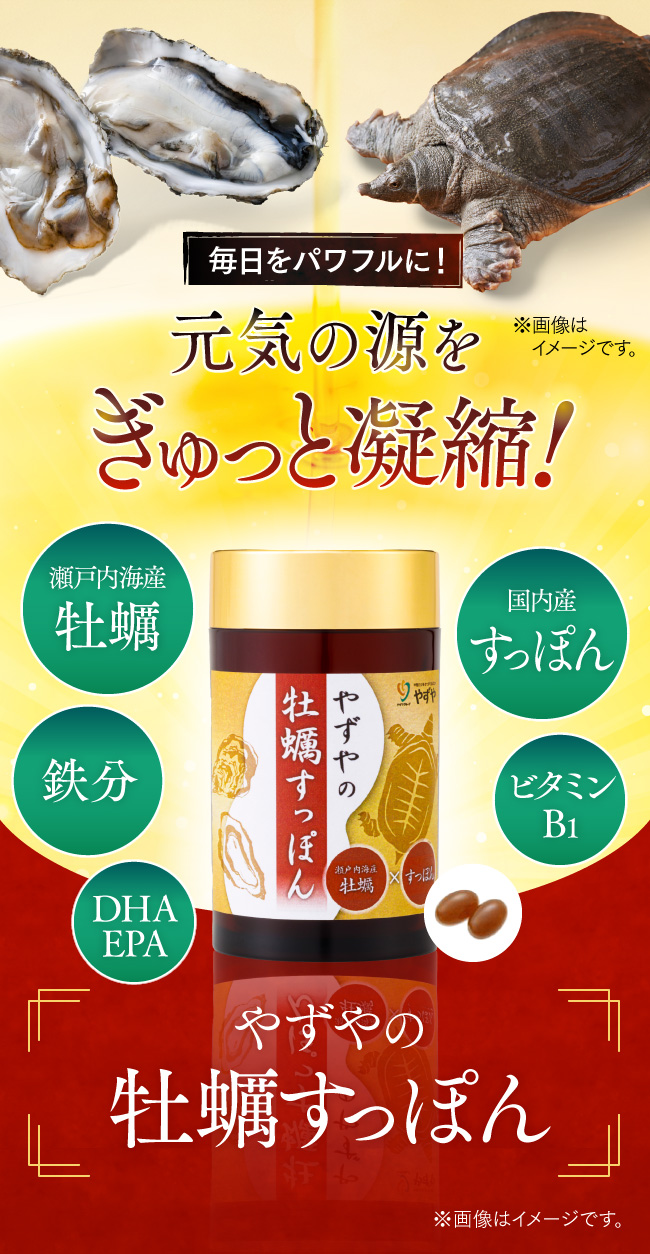 毎日をパワフルに！元気の源をぎゅっと凝縮！瀬戸内海産牡蠣、国産すっぽん、鉄分、DHA・EPA、ビタミンB1 『やずやの牡蠣すっぽん』