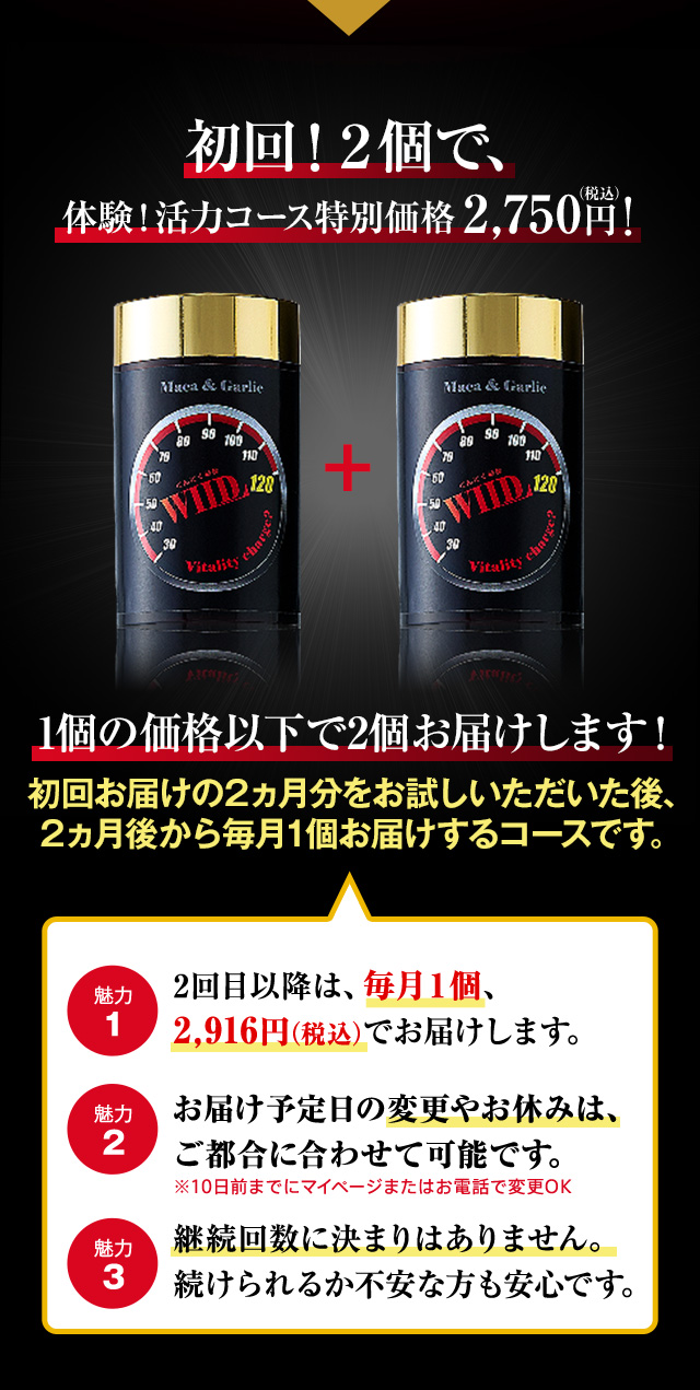 初回！2個で、体験！活力コース特別価格2,750円（税込） 1個の価格以下で2個お届けします！初回お届けの2カ月分をお試しいただいた後、2カ月後から毎月1個お届けするコースです。 魅力1 2回目以降は、毎月1個2,916円（税込）でお届けします。※1個 魅力2 お届け予定日の変更やお休みは、いつでもできます。魅力3 継続回数に決まりはありません。続けられるか不安な方も安心です。