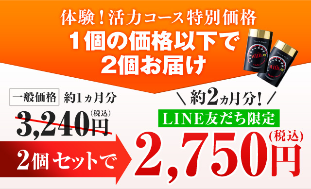 体験！活力コース特別価格 1個の価格以下で2個お届け 一般価格約1ヵ月分3,240円（税込） 2個セットで約2ヵ月分！LINE友だち限定 2,750円（税込）