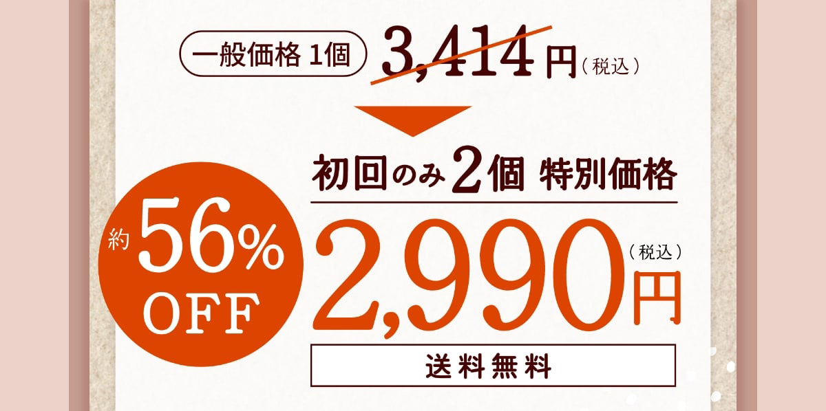 一般価格1個3,414円（税込）→約56%OFF 初回のみ2個 特別価格2,990円（税込）送料無料