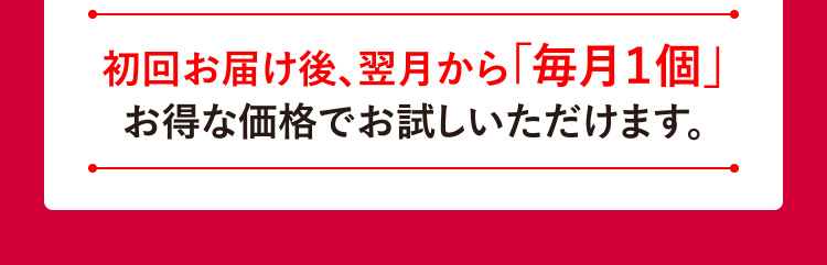 初回お届け後、翌月から「毎月１個」お得な価格でお試しいただけます。