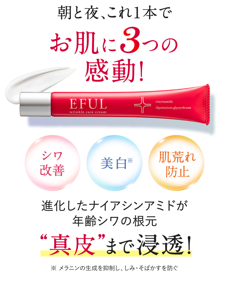 朝と夜、これ1本でお肌に3つの感動![シワ改善][美白※][肌荒れ防止] 進化したナイアシンアミドが年齢シワの根元“真皮”まで浸透！（※メラニンの生成を抑制し、しみ・そばかすを防ぐ）