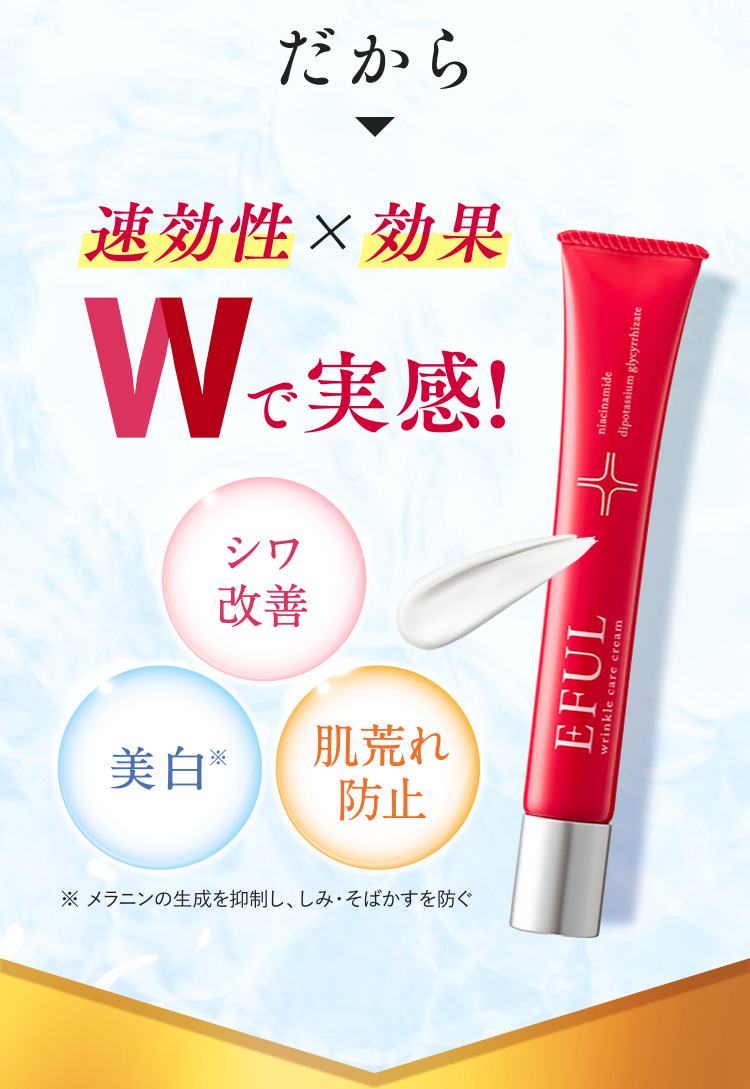 だから速効性×効果 Wで実感! シワ改善・美白※（※メラニンの生成を抑制し、しみ・そばかすを防ぐ）・肌荒れ防止