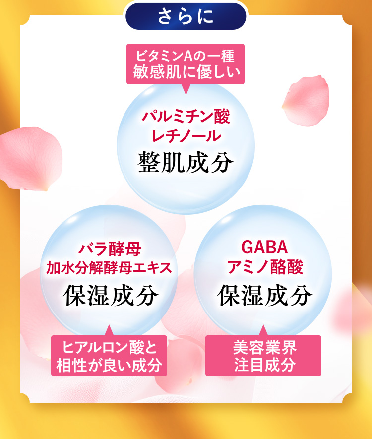 さらに ビタミンAの一種敏感肌に優しい「パルミチン酸レチノール」整肌成分・ヒアルロン酸と相性が良い成分「バラ酵母加水分解酵母エキス」保湿成分・美容業界注目成分「GABAアミノ酪酸」保湿成分