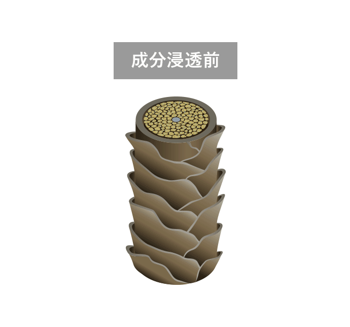 1：成分浸透前 2：ヒアロオリゴ®が内部に浸透 3：ヒアロベール®が髪表面に吸着