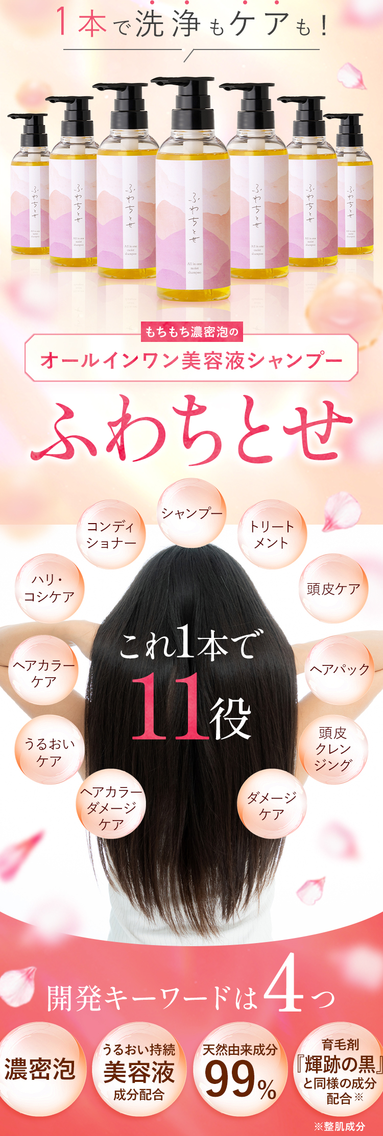 1本で洗浄もケアも！ もちもち濃密泡のオールインワン美容液シャンプー ふわちとせ これ1本で11役 シャンプー・コンディショナー・トリートメント・ハリ・コシケア・頭皮ケア・ヘアカラーケア・ヘアパック・うるおいケア・頭皮クレンジング・ヘアカラーダメージケア・ダメージケア 開発キーワードは4つ [濃密泡]・[うるおい持続美容液成分配合]・[天然由来成分99%]・[育毛剤『輝跡の黒』と同様の成分配合※（※整肌成分）]