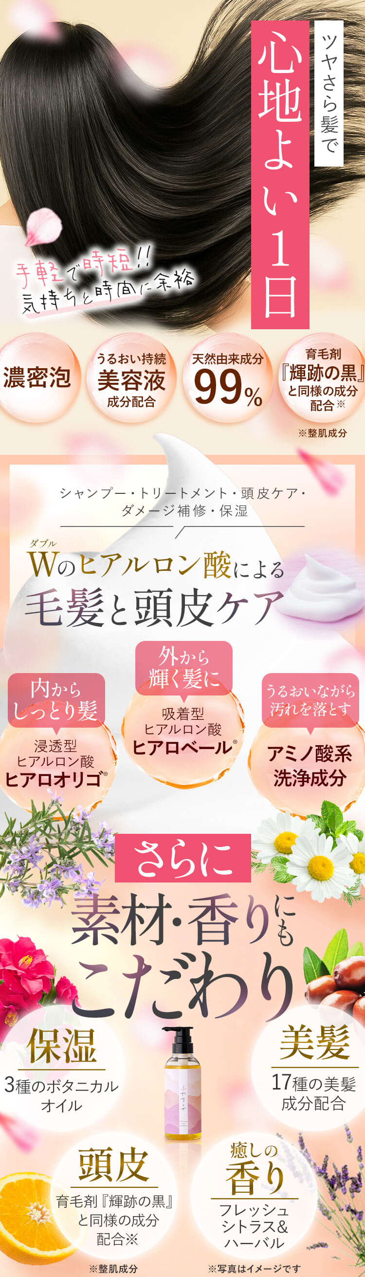 ツヤさら髪で心地よい1日 手軽で時短！！気持ちと時間に余裕 [濃密泡]・[うるおい持続美容液成分配合]・[天然由来成分99%]・[育毛剤『輝跡の黒』と同様の成分配合※（※整肌成分）] シャンプー・トリートメント・頭皮ケア・ダメージ補修・保湿 W（ダブル）のヒアルロン酸による毛髪と頭皮ケア [内からしっとり髪 浸透型ヒアルロン酸 ヒアロオリゴ®][外から輝く髪に 吸着型ヒアルロン酸 ヒアロベール®][うるおいながら汚れを落とす アミノ酸系洗浄成分] さらに素材・香りにもこだわり [保湿 3種のボタニカルオイル][頭皮 育毛剤『輝跡の黒』と同様の成分配合※（※整肌成分）][癒しの香り フレッシュシトラス&ハーバル][美髪 17種の美髪成分配合] （※写真はイメージです。）