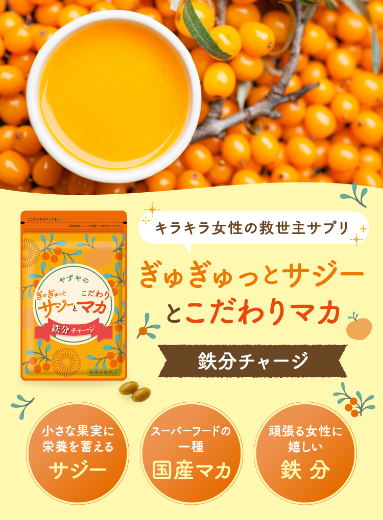 キラキラ女性の救世主サプリ ぎゅぎゅっとサジーとこだわりマカ 鉄分チャージ -【サジー】小さな果実に栄養を蓄える、【国産マカ】スーパーフードの一種、【鉄分】頑張る女性に嬉しい
