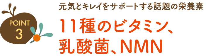 ポイント3 元気とキレイをサポートする話題の栄養素 11種のビタミン、乳酸菌、NMN