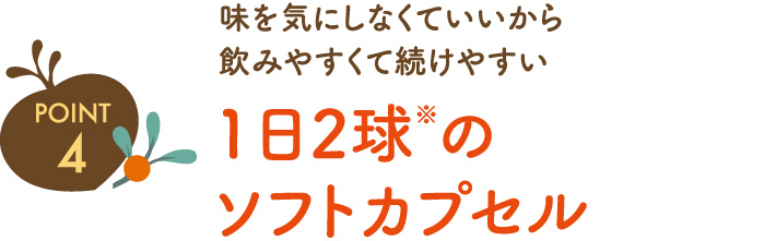 ポイント4 味を気にしなくていいから飲みやすくて続けやすい 1日2球(めやす量)のソフトカプセル