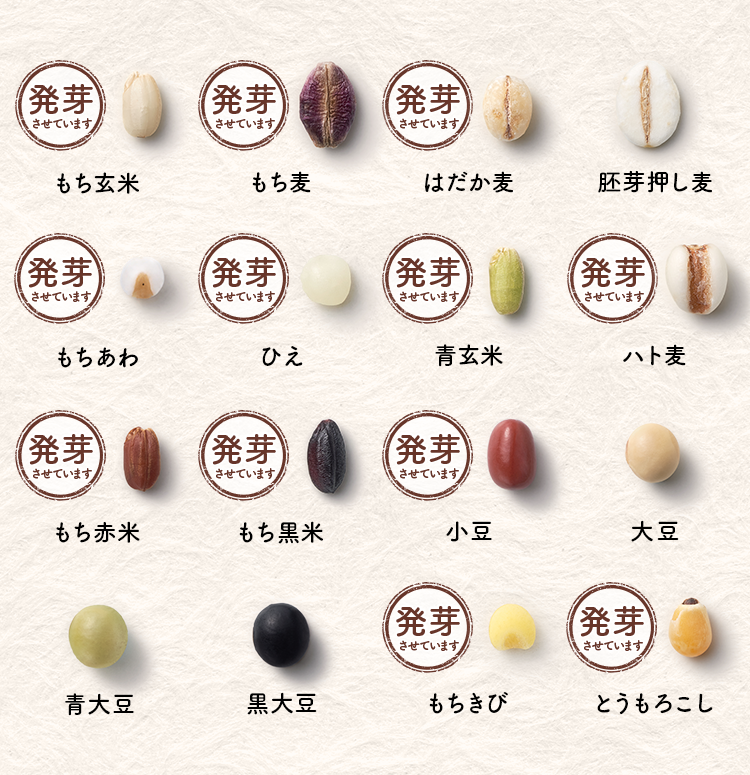 もち玄米（発芽させています） もち麦（発芽させています） はだか麦（発芽させています） 胚芽押し麦 もちあわ（発芽させています） ひえ（発芽させています） 青玄米（発芽させています） ハト麦（発芽させています） もち赤米（発芽させています） もち黒米（発芽させています） 小豆（発芽させています） 大豆 青大豆 黒大豆 もちきび（発芽させています） とうもろこし（発芽させています）